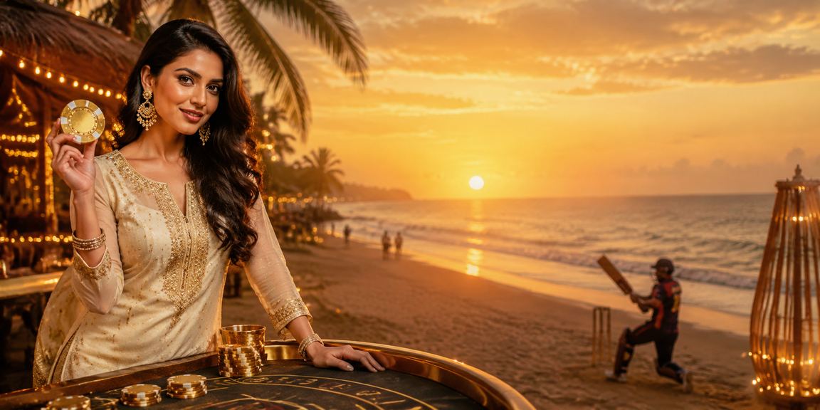 Evening beach with cricket betting advertisement in Goa
