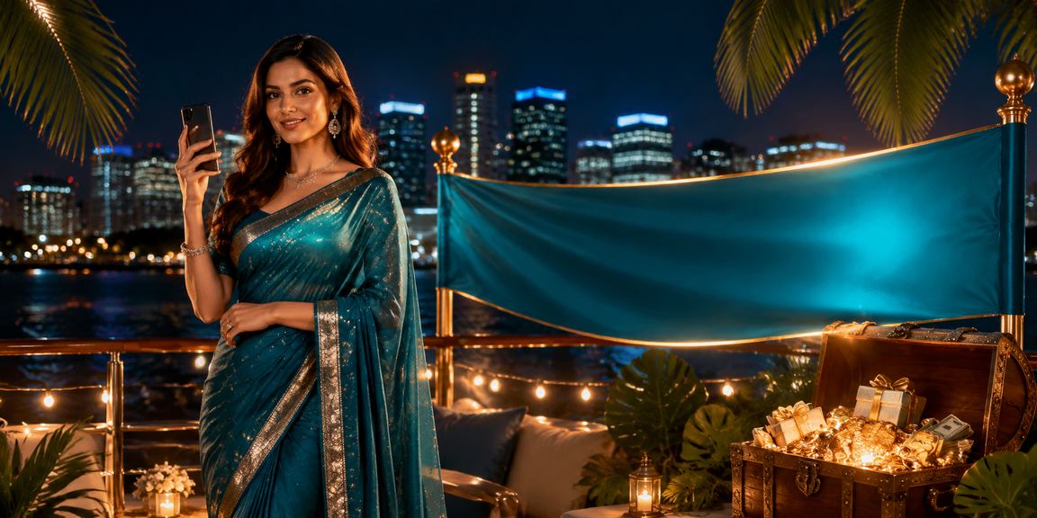 Woman celebrating responsible gaming rewards during Indian festival