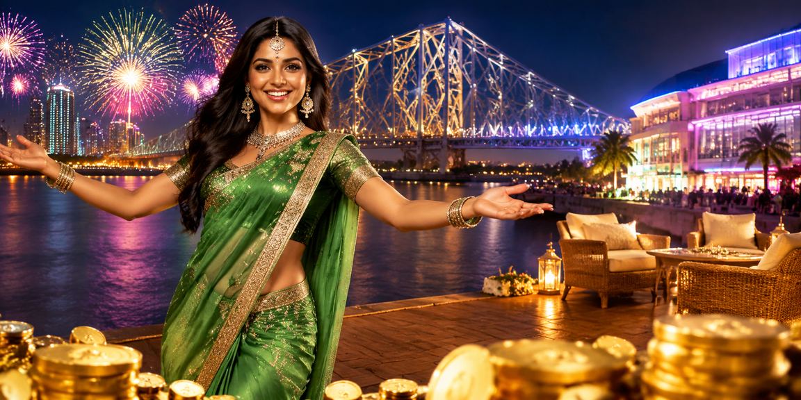 Kolkata Howrah Bridge view with colorful lights and festive ambience